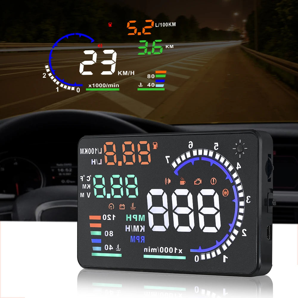 Windshield Projector Speedometer A8 OBD2 EOBD HUD Car Head Up Display LED Water Temp RPM Meter Speed Voltage Alarm